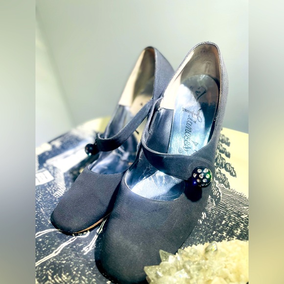 🖤 Vintage 🖤 Black Grosgrain Satin Cross Strap Mary Jane Heels Rhinestone 7 1/2 - Picture 2 of 10